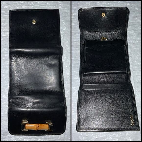 GUCCI Vintage Black leather trifold wallet with Front Bamboo Accent - Picture 9 of 15